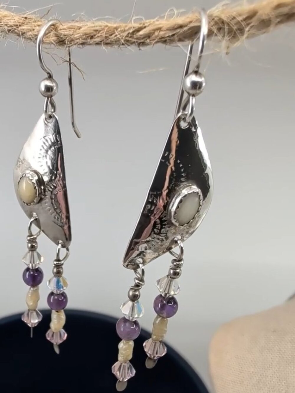 Vintage Hand Hammered Sterling Silver Amethyst Pearl Dangle Earrings - Picture 15 of 17